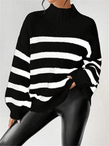 Women's Striped Ribbed Button-Front Zip-Up Turtleneck Sweater in Black, on model