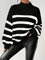 Women's Striped Ribbed Button-Front Zip-Up Turtleneck Sweater in Black