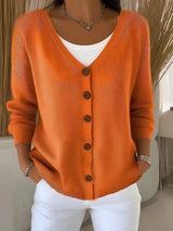 Women's Button-Front Oversized V-Neck Cardigan in Orange, on model