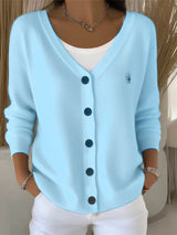 Women's Button-Front Oversized V-Neck Cardigan in Blue, on model