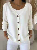 Women's Button-Front Oversized V-Neck Cardigan in White, on model