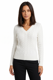 Women's V-Neck Cable-Knit Ribbed Sweater in White