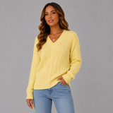 Women's V-Neck Cable-Knit Ribbed Sweater in Yellow, on model