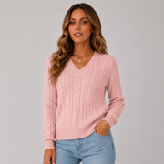 Women's V-Neck Cable-Knit Ribbed Sweater in Pink