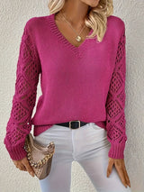 Women's V-Neck Open-Weave Panelled Sweater in Purple, on model
