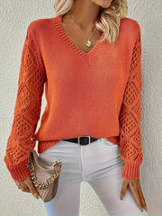 Women's V-Neck Open-Weave Panelled Sweater in Orange
