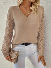 Women's V-Neck Open-Weave Panelled Sweater in Apricot