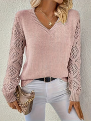 Women's V-Neck Open-Weave Panelled Sweater in Blue