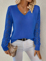 Women's V-Neck Open-Weave Panelled Sweater in Pink, on model