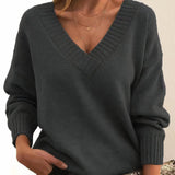 Women's V-Neck Ribbed Sweater in Dark Gray, on model