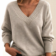 Women's V-Neck Ribbed Sweater in Beige