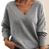 Women's V-Neck Ribbed Sweater in Gray, on model