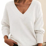 Women's V-Neck Ribbed Sweater in White, on model