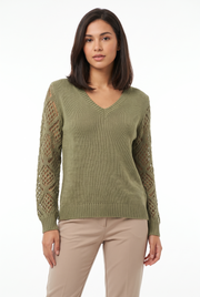 Women's V-Neck Open-Weave Panelled Sweater in Olive Green