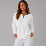 Women's V-Neck Ribbed Oversized Sweater in White, on model